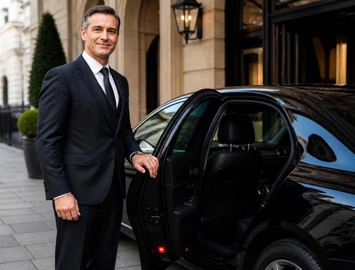 Professional chauffeur opening car door