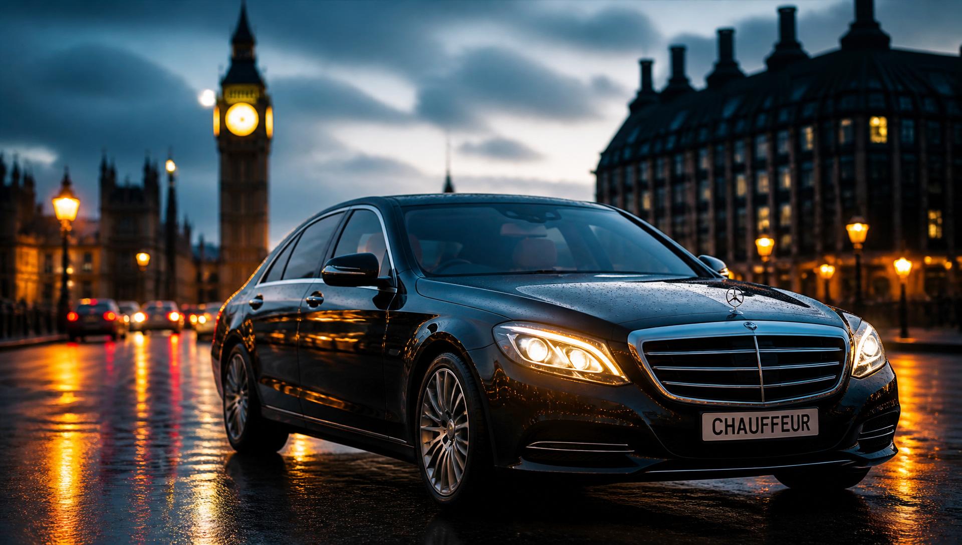 Luxury chauffeur car in London at dusk